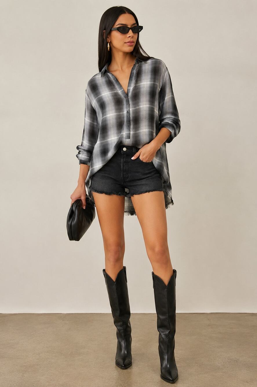 Cloth & Stone | Black Grey Plaid Shirt Dress Tunic Fringe Hem L